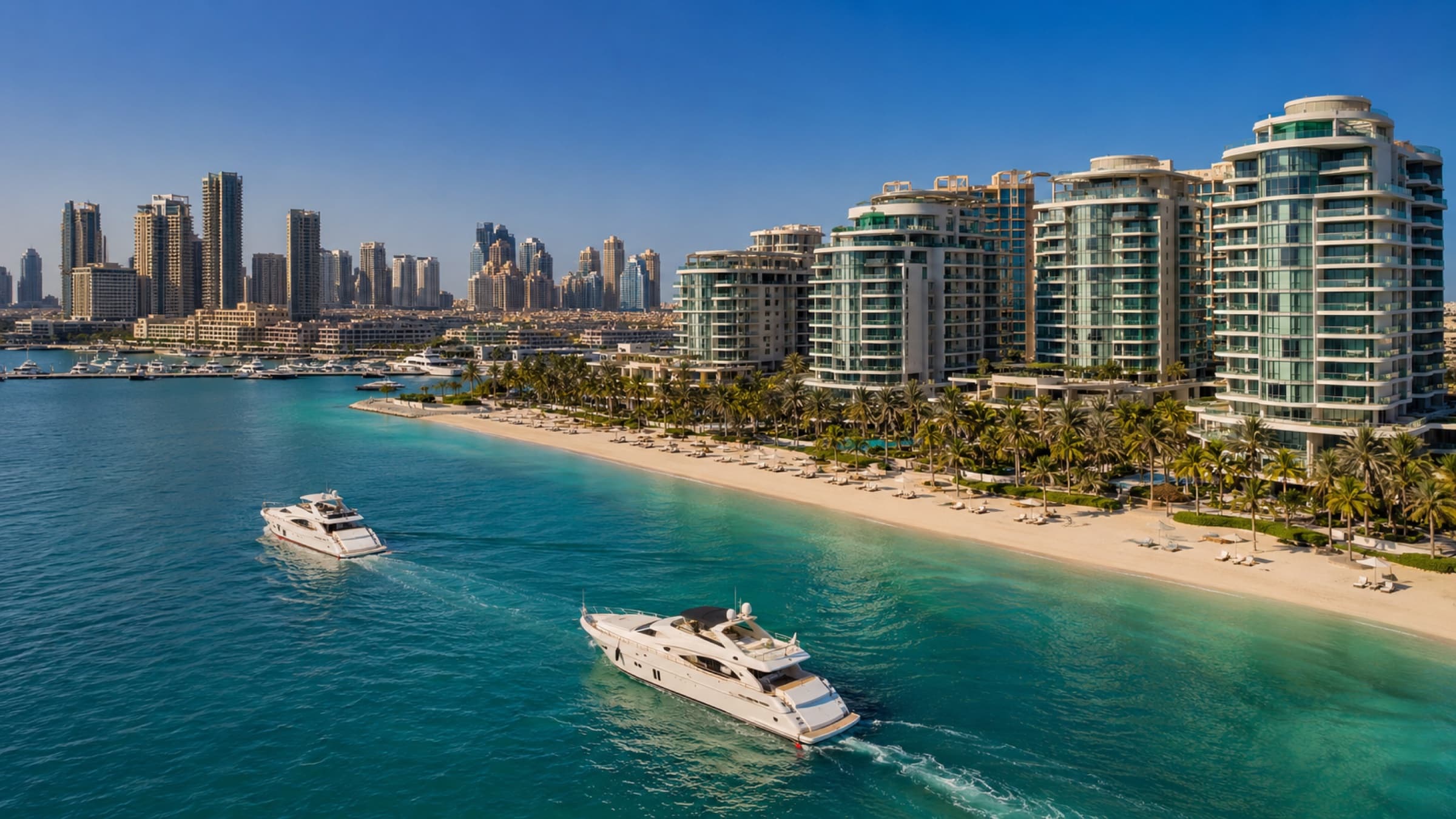 Dubai Al Jaddaf Waterfront — luxury residential towers reflecting in calm water at golden hour.