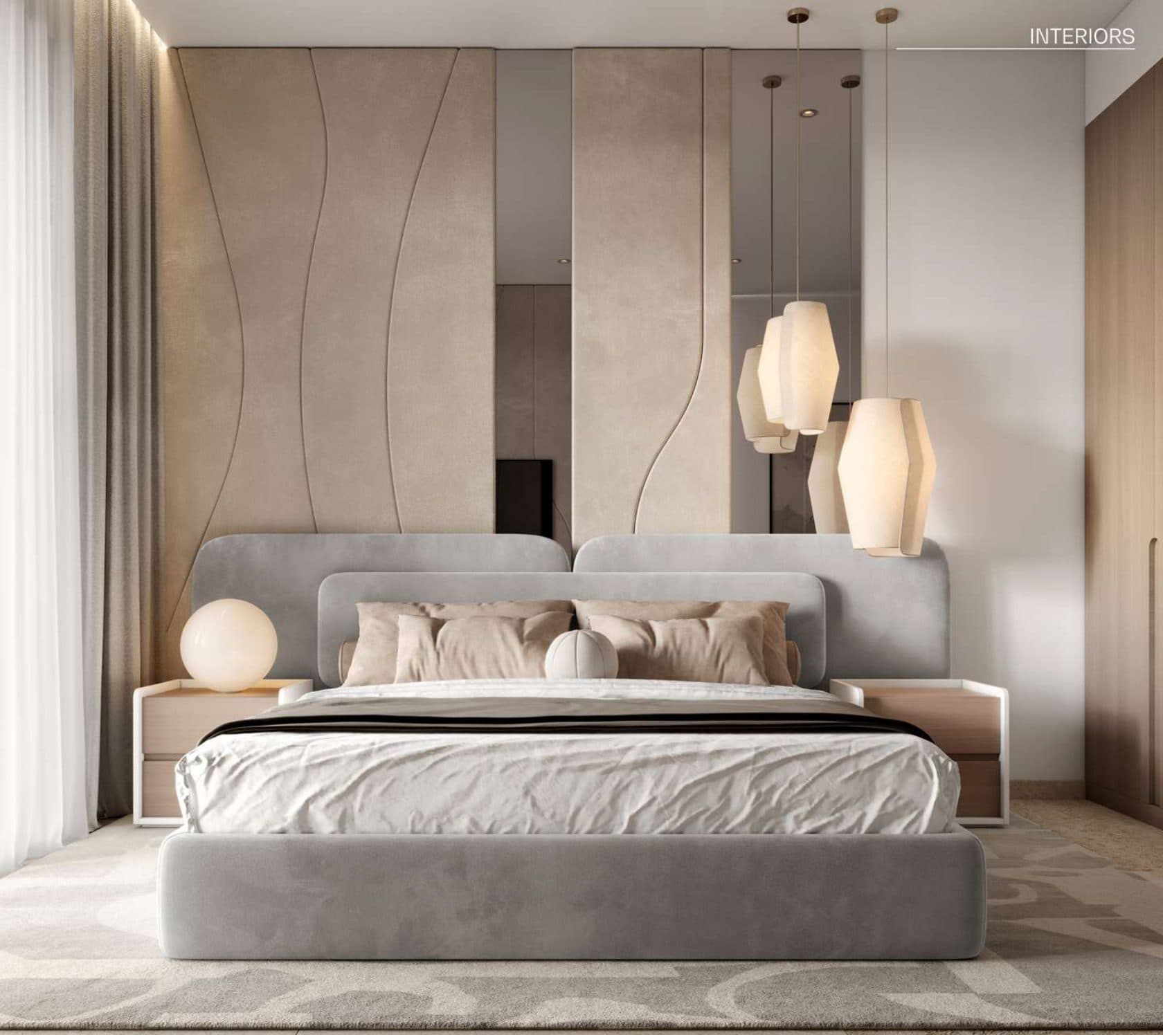 Sky Hills Astra — primary bedroom with sculpted headboard and pendant lighting