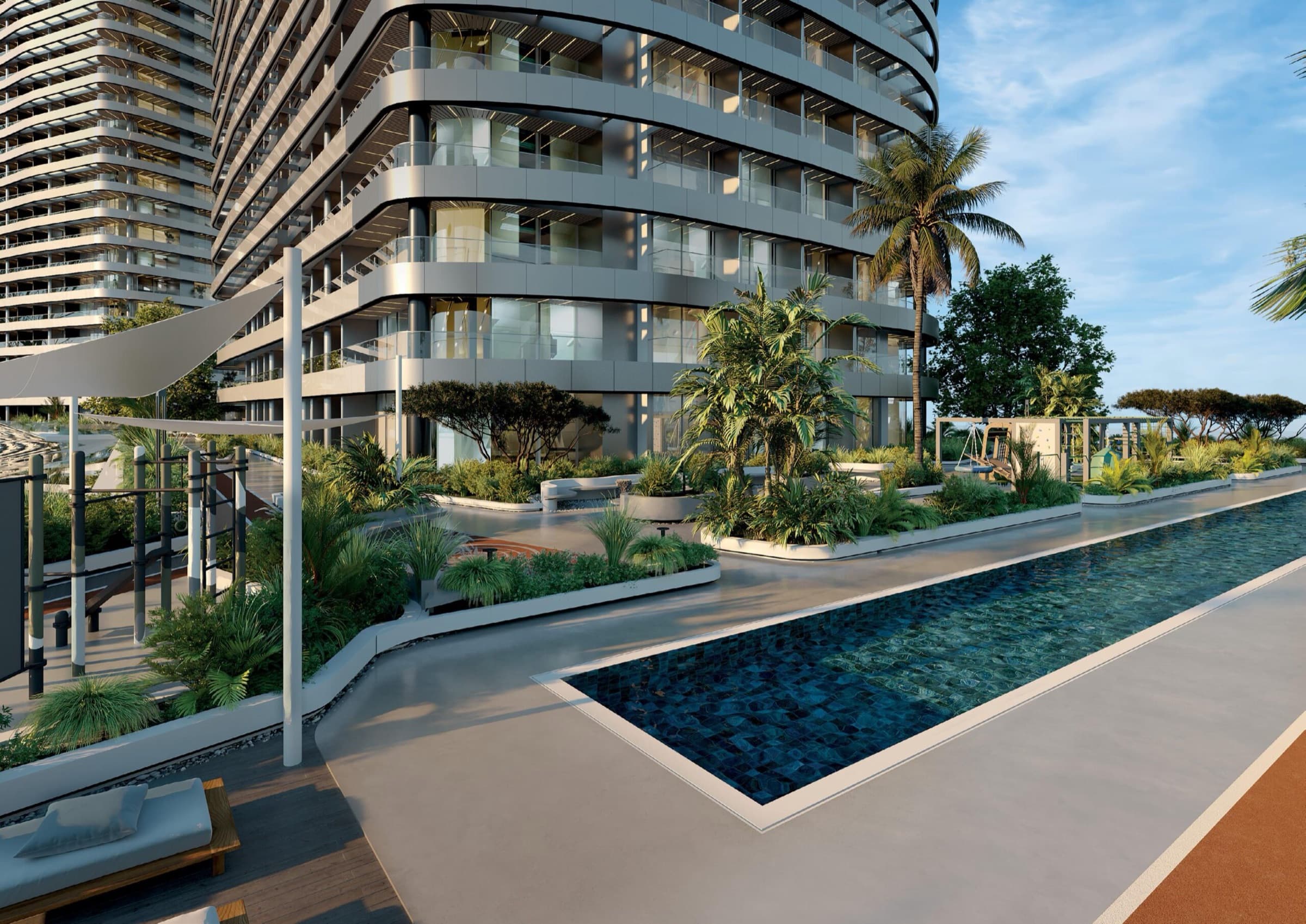 Sky Hills Astra — landscaped lap pool beside the residential tower